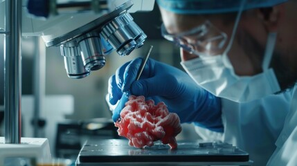A scientist in a lab coat and protective gear examines a 3D-printed biological structure under a microscope in a laboratory.