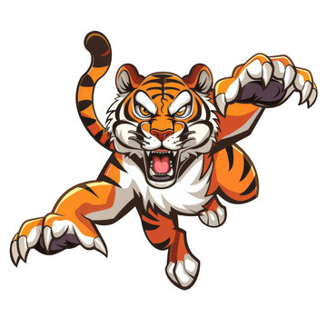 Tiger mascot, vector cartoon style on white background with sharp claws and teeth jumping towards viewer in mid-sprint