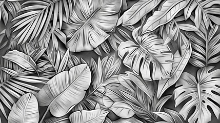 Elegance in Nature An Engraving Hand Drawn Background Featuring Exquisite Tropical Leaves, Crafted with Timeless Artistry and Refined Sophistication