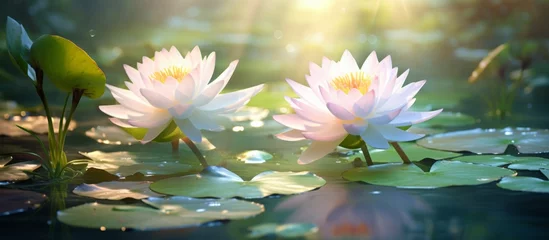 Foto op Canvas Pink water lilies, two in number, stand out in the calm water alongside vibrant green leaves © AkuAku