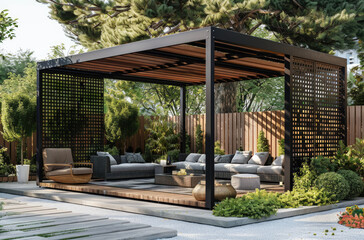 3D rendering of a modern black wood and metal gazebo with a sofa set in a garden or yard.
