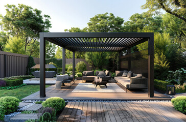 3D rendering of a modern black wood and metal gazebo with a sofa set in a garden or yard.