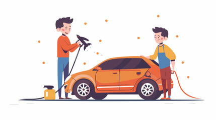Dad and son cleaning car illustration flat cartoon