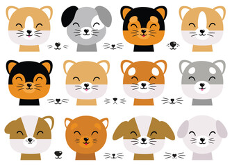 Fototapeta premium Cartoon cute baby animal for baby cards, baby shower invitation, print, poster. Vector illustration. For printing on fabric, postcard, wrapping paper. Cute dog, full face, portrait, dog mongrel, doggy