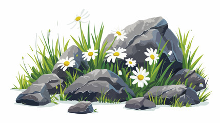 Daisy flowers with grass and rocks illustration fla - obrazy, fototapety, plakaty