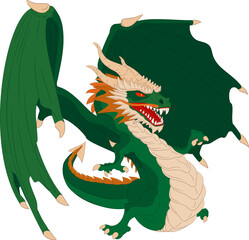 Green wooden dragon with wings. Vector illustration of green winged dragon pointing with its right paw finger. Dragon with wings, horns, teeth, mustache, paws, tail and horny scales. 