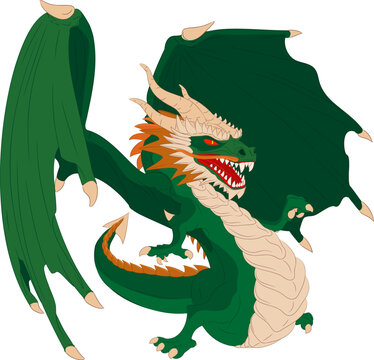 recommend clip art: Green wooden dragon with wings. Vector illustration of green winged dragon pointing with its right paw finger. Dragon with wings, horns, teeth, mustache, paws, tail and horny scales. 