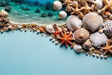 Seashells and coral reef with copy-space background concept, blank space. Tropical Tranquility: Seashells and Coral with Space