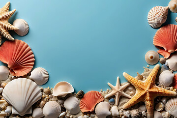 Fototapeta na wymiar Seashells and coral reef with copy-space background concept, blank space. Seashore Showcase: Coral Reef with Room.