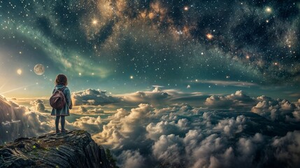 Little girl traveler with backpack standing on top of a mountain and looking at the starry sky - obrazy, fototapety, plakaty