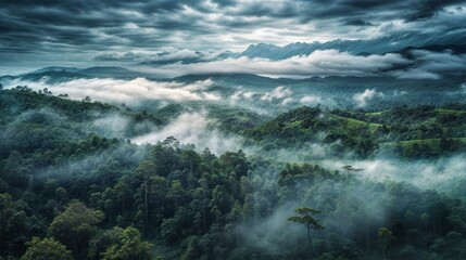 Aerial view of foggy forest in the morning, Thailand.