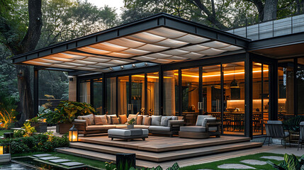 Glass House on Terrace with Semi-Covered Ceiling, Double Layer, Black Frames, and Spacious Outdoors