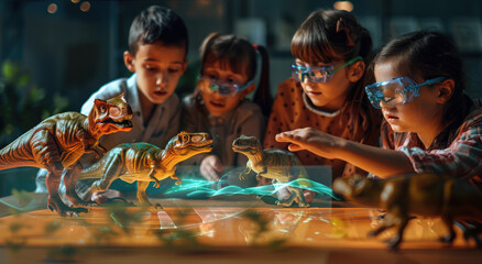 A group of children in an interactive classroom setting were using AR technology to create holographic dinosaurs on the table and standing around them for fun educational activities - obrazy, fototapety, plakaty