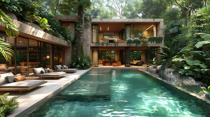 Exotic Dawn Retreat: Lounge and Pool in Luxurious Southeast Asian Greenhouse Amidst Rainforest