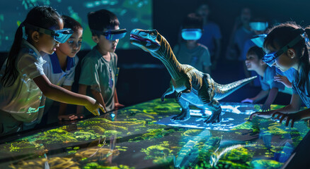 A group of children in an interactive classroom setting were using AR technology to create...