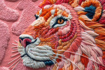 Embroidered orange lion on pink background, side view.