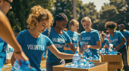 A group of diverse people wearing blue t-shirts with the text "VOLUNTEER" stood next to each other, their hands in boxes filled with water bottles and food items at an outdoor event or concert setting - Powered by Adobe