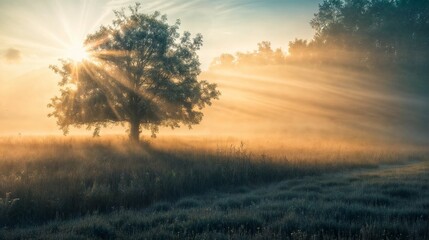 Fototapeta na wymiar Sunrise in a summer meadow with fog and trees in the background