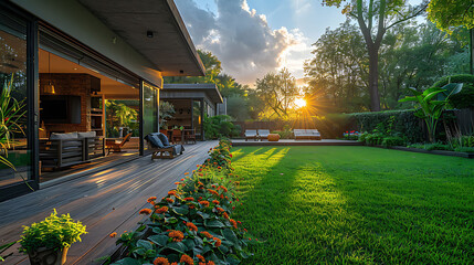 Cozy Backyard Retreat: Beautiful Aluminum Patio Creates Inviting, Luxurious Outdoor Space - obrazy, fototapety, plakaty