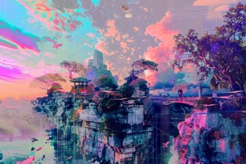 A surreal dreamscape where reality and digital fantasy merge, featuring pixelated landscapes, glitchy effects, and surreal imagery, Generative AI
