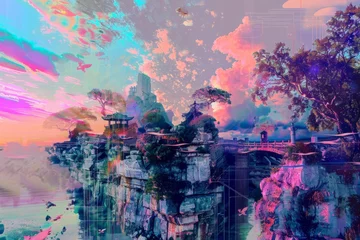 Papier Peint photo autocollant Lavende A surreal dreamscape where reality and digital fantasy merge, featuring pixelated landscapes, glitchy effects, and surreal imagery, Generative AI