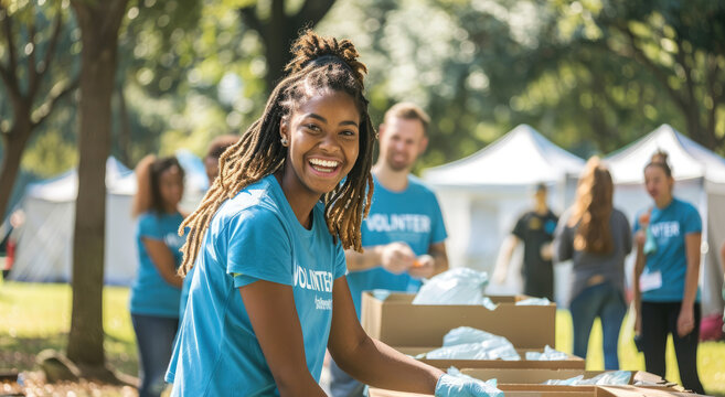 A group of diverse people wearing blue t-shirts with the text "VOLUNTEER" stood next to each other, their hands in boxes filled with water bottles and food items at an outdoor event or concert setting