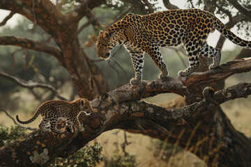 A mother leopard and her cub walking on a branch of an old tree - obrazy, fototapety, plakaty