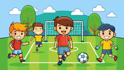  children football team boys playing football vector illustration