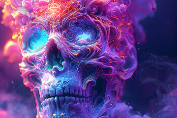 Captivating Otherworldly Skull Illusion in Vibrant Electric Pop Color Stylings,Surreal Gothic Fantasy Artwork - obrazy, fototapety, plakaty