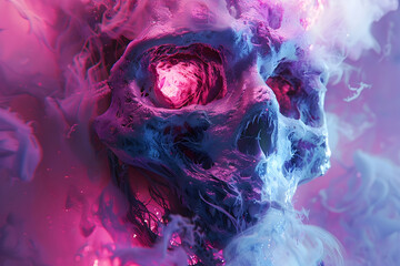 Conceptual Demonic Awakening Amidst Necrotic Whispers and Echoing Abyss in Pastel Neon Color Style - obrazy, fototapety, plakaty