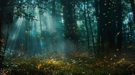 A mystical forest shrouded in a silvery mist where colorful fireflies dance in the moonbeams. . . - obrazy, fototapety, plakaty