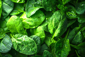 Texture made from bright green spinach plants. Spices. Ecological correct vitamin nutrition