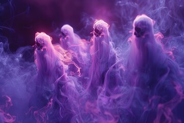 Ethereal Silhouettes Swirling in Neon-Infused Mystical Mist - obrazy, fototapety, plakaty