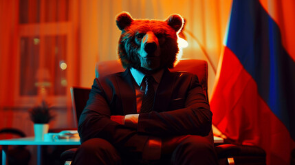 An anthropomorphic bear dressed in a suit and tie sitting comfortably in a chair in front of the Russian flag - obrazy, fototapety, plakaty