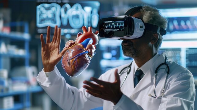 Doctor wearing virtual reality headset analyzing a 3D model of a human heart in a futuristic medical lab. - Powered by Adobe