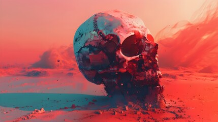 Haunting Necromantic Skull Erupts from Arid Dusk Landscape