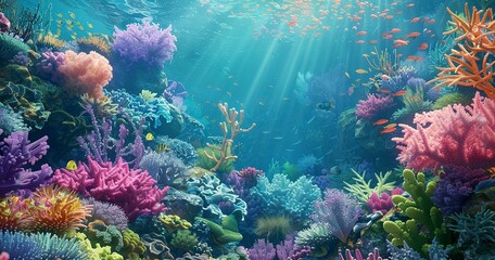 Coral reef bustling with life, a kaleidoscope of colors, biodiversity hotspot.  - obrazy, fototapety, plakaty