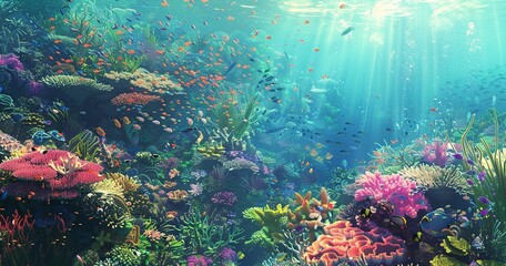 Coral reef bustling with life, a kaleidoscope of colors, biodiversity hotspot. - obrazy, fototapety, plakaty