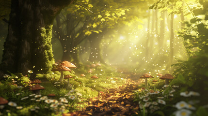 Enchanting Forest Fairy Tale Scene - Magical Woodland Wonderland with Whimsical Charm - obrazy, fototapety, plakaty