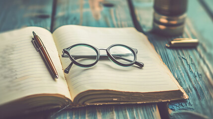 Notebook, glasses and pen on a wooden table