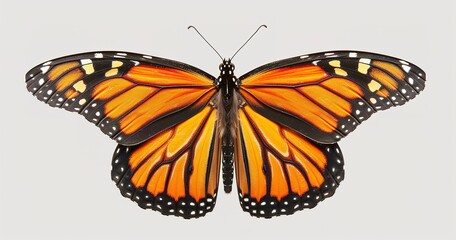 Monarch butterfly, wings spread, displaying vibrant orange and black patterns.
