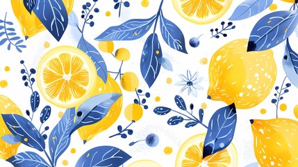 Digital yellow and blue lemon pattern illustration poster web page PPT background - obrazy, fototapety, plakaty