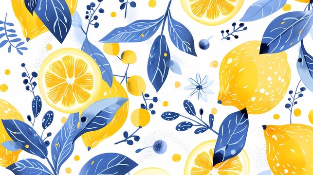 Naklejki Digital yellow and blue lemon pattern illustration poster web page PPT background