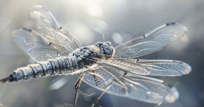 Dragonfly with transparent wings, resting, eyes large and multifaceted. 