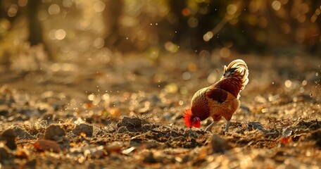 Chicken pecking at the ground, feathers vibrant, the farm's early riser. 