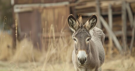 Donkey standing firm, ears perked, a steadfast farm helper. 