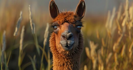 Obraz premium Llama with a curious look, fur thick and soft, an exotic farm friend. 