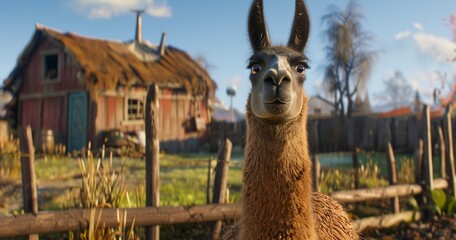 Fototapeta premium Llama with a curious look, fur thick and soft, an exotic farm friend. 