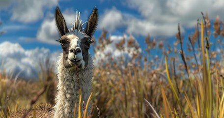 Fototapeta premium Llama with a curious look, fur thick and soft, an exotic farm friend.