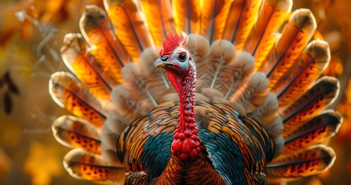 Turkey with its feathers fanned, proud and grand, a Thanksgiving icon. 